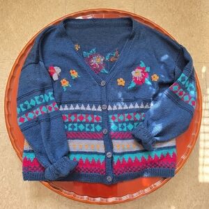 Vintage Knit Floral Chunky Sweater Cardigan Vtg No Tags Bright Colorful